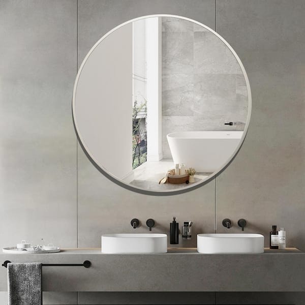 Cesicia 32 in. W x 32 in. H Round Framed Wall Mount Bathroom Vanity Mirror in Silver