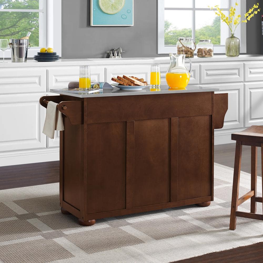 Eleanor Mahogany Kitchen Island with Stainless Steel Top and Storage