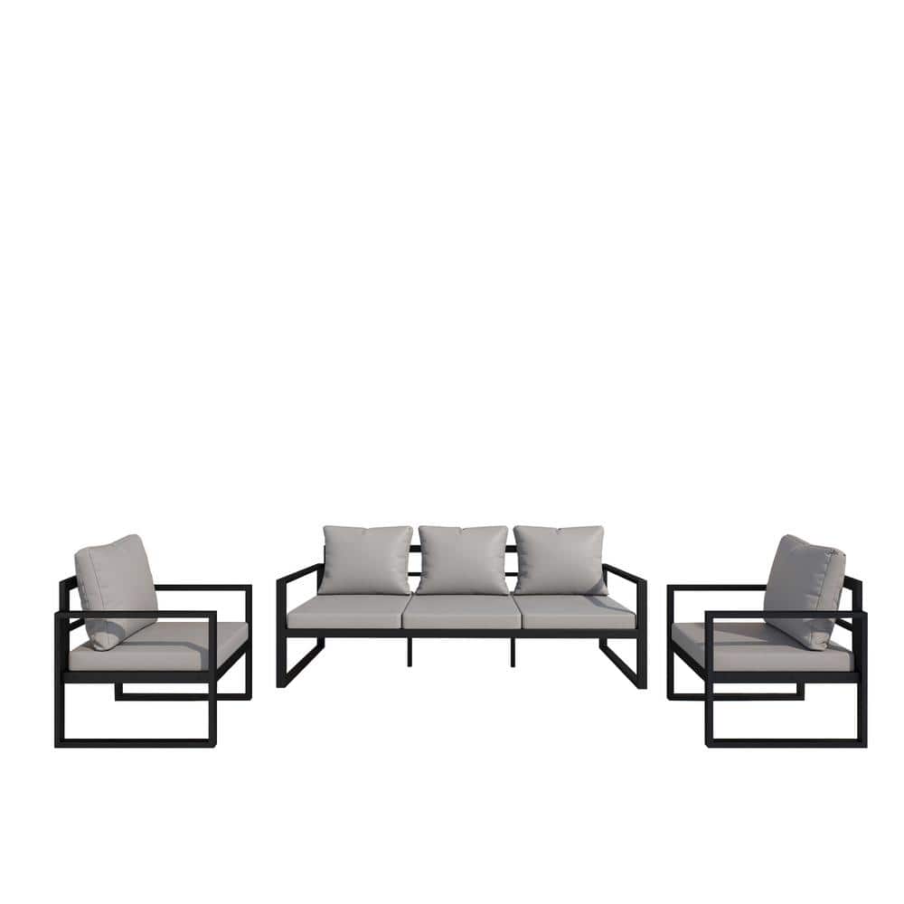 Black Metal 3-Piece Outdoor Indoor Patio Lounge Chair with Dark Grey Cushio