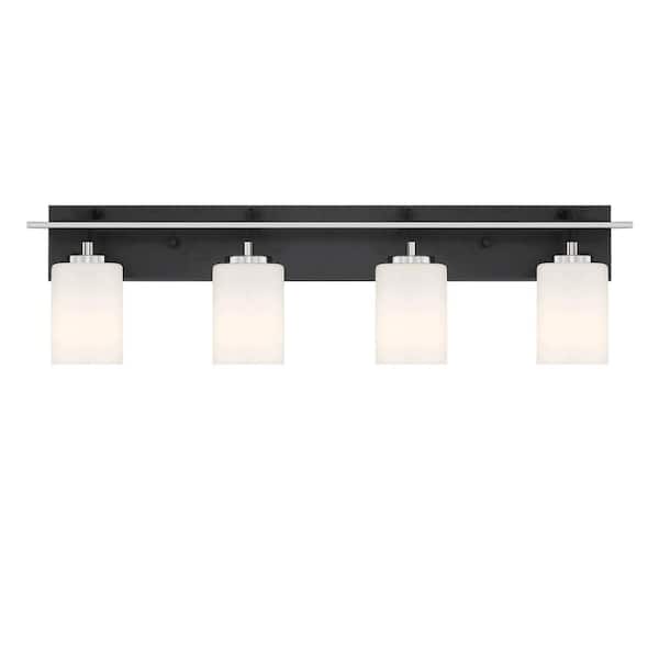Designers Fountain Prince St. 33 in. 4-Light Matte Black Modern Vanity with Etched Opal Glass Shades and Polished Nickel Accents