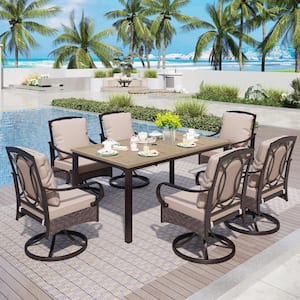 7-Piece Metal Outdoor Dining Set with Brown Rectangular Table-Top and Rattan Swive Chairs with Beige Cushions