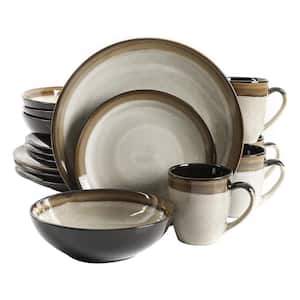 Elite Couture Bands 16-Piece Brown Stoneware Dinnerware Plates, Bowls, Mugs Set, Service for 4