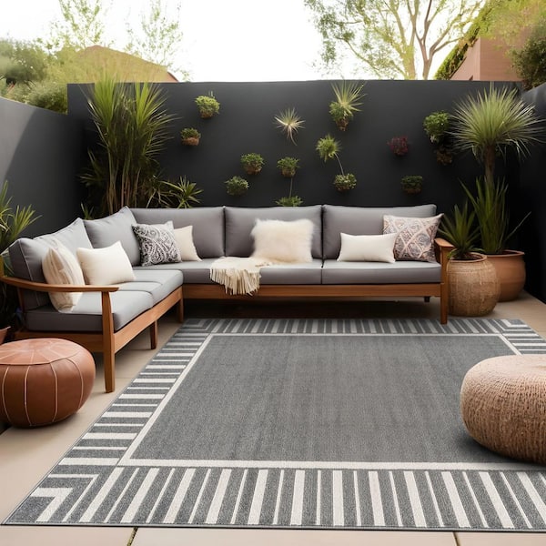 Edge Gray 9 ft. x 12 ft. Rubber Back Washable Geometric Border Indoor Outdoor Patio Area Rug