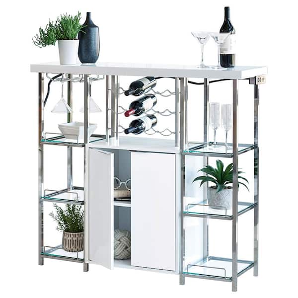Coaster 43 in. H White High Gloss Open Back Metal Frame Bar Cabinet with Glass Shelf