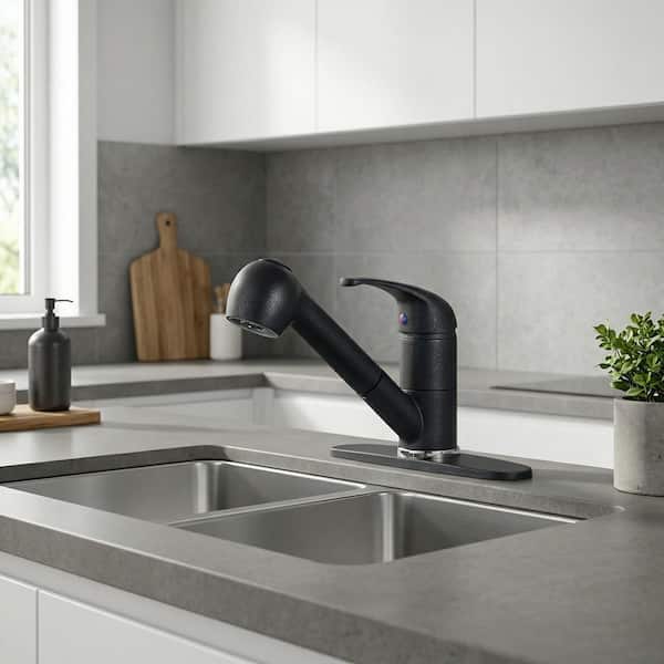 Single-Handle Pull Out Sprayer Kitchen Faucet with Deckplate Included Supply Lines in Black Quartz