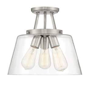 Calhoun 13 in. W x 11.5 in. H 3-Light Satin Nickel Semi-Flush Mount Ceiling Light with Clear Glass Shade