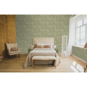 Spring Blossom Collection Sakura Tree Green Matte Finish Non-Pasted Non-Woven Paper Wallpaper Roll