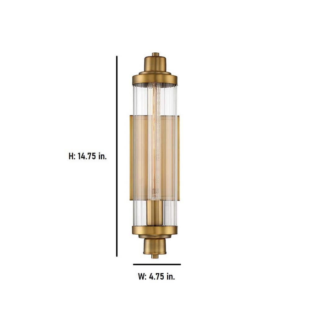 Pike Warm Brass Finish 1-Light Vanity Sconce with Clear Ribbed Glass