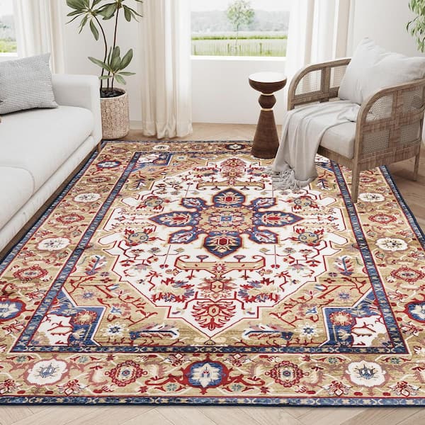 6 ft. x 9 ft. Blue/Gold Vintage Bohemia Large Persian Non-Slip Washable Rug Flower Design