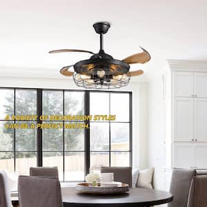 42 in. Industrial Indoor Black Caged Ceiling Fan with Light and Remote, Farmhouse 5-Light Retractable Ceiling Fan