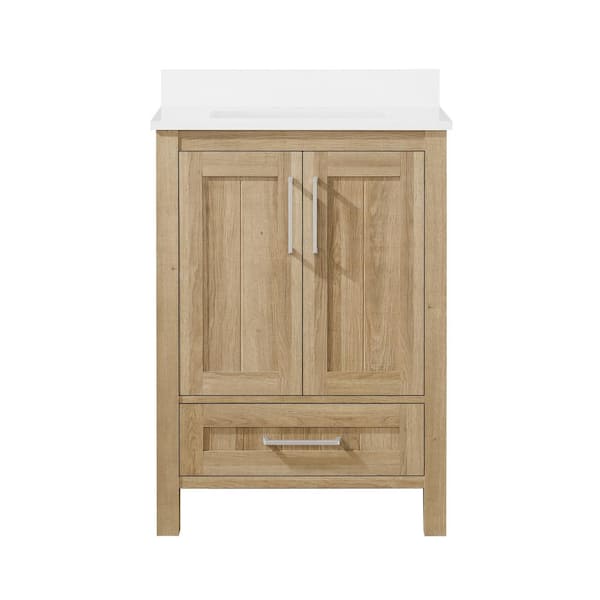 Kansas 24 in. Single Sink White Oak Bath Vanity with White Engineered Stone Top (Assembled)