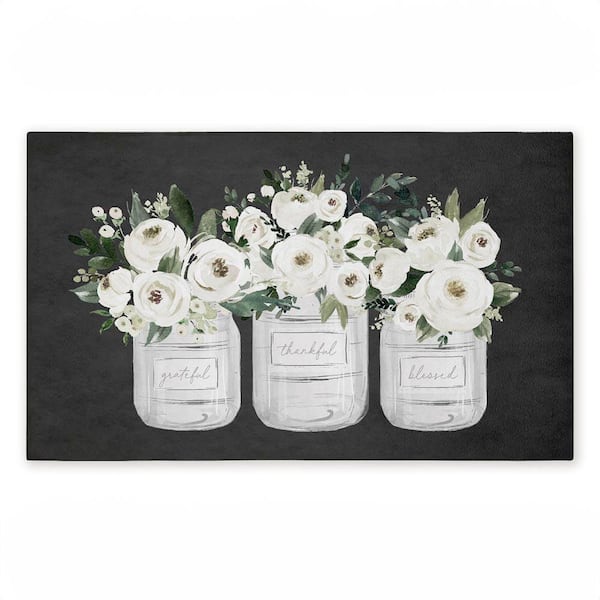 White Roses in Country Jars Black 18 in. x 30 in. Polyester Non-Slip Outdoor Door Mat