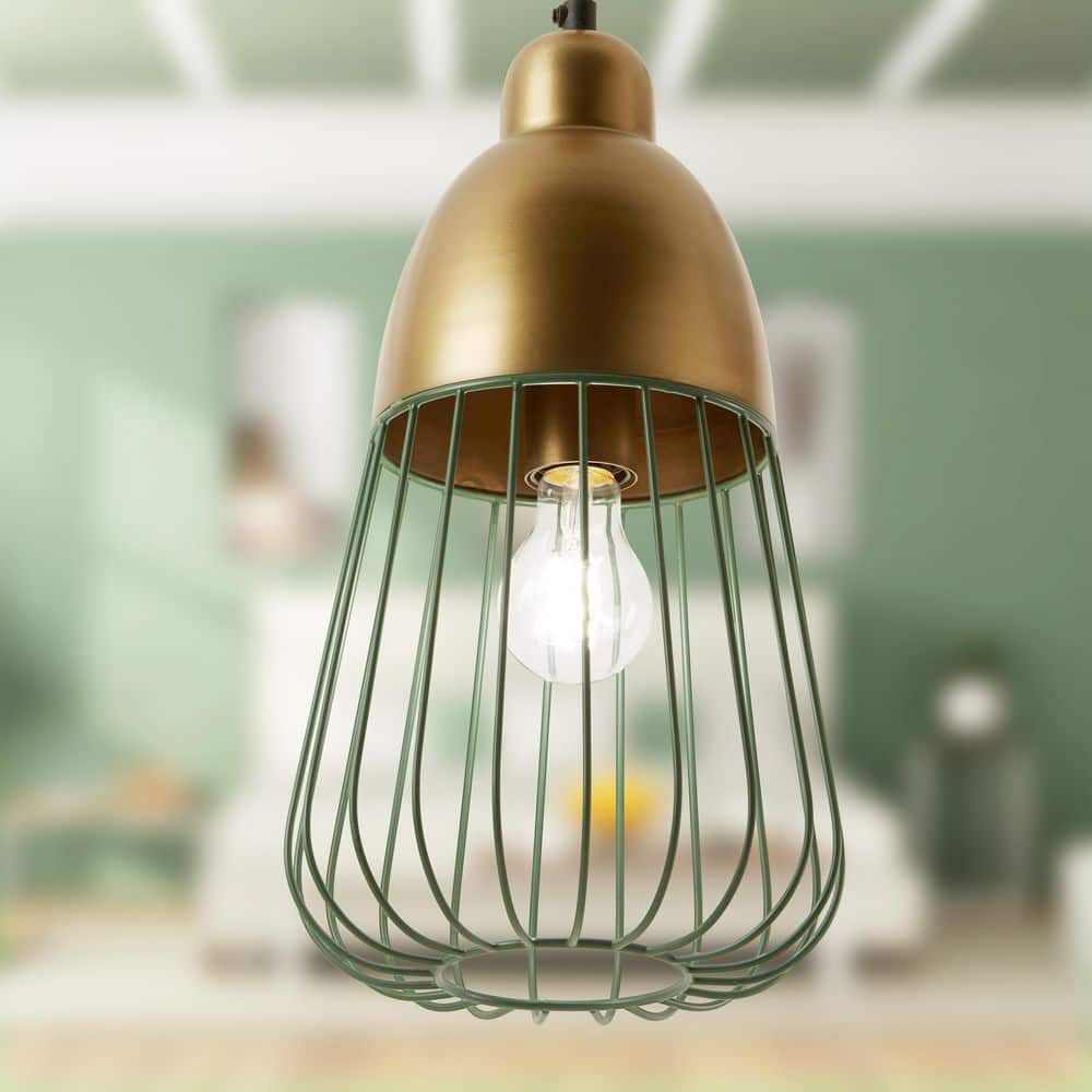 Iris 40-Watt 1-Light Emerald and Gold Cage Pendant Light with Metal Empire Shade price history on PriceWatchPro