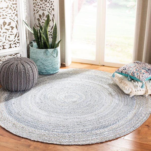 Braided Light Gray Doormat 3 ft. x 3 ft. Round Striped Solid Area Rug