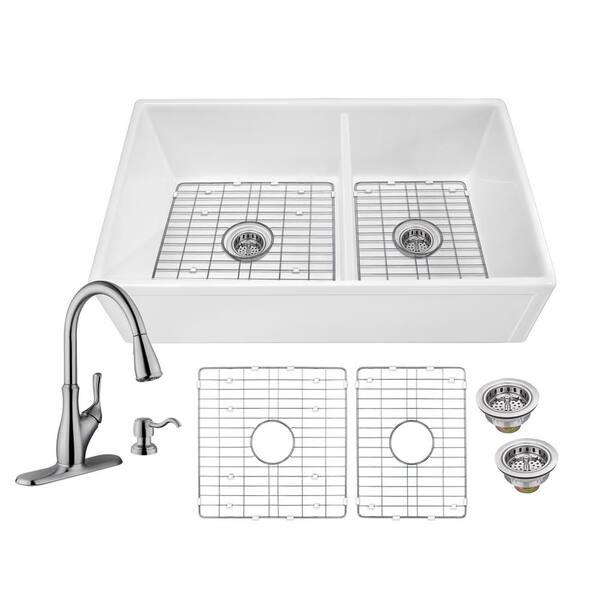 IPT Sink Company All-in-One Apron Front Picture Frame Fireclay 33 in. 60/40 Double Bowl Kitchen Sink with Faucet and Strainer in White