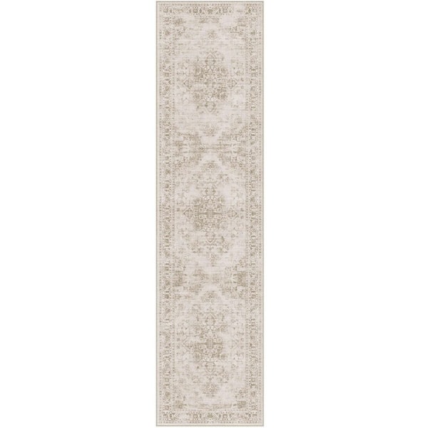 Maria Taupe 2 ft. x 8 ft. Vintage Washable Medallion Distressed Runner Rug