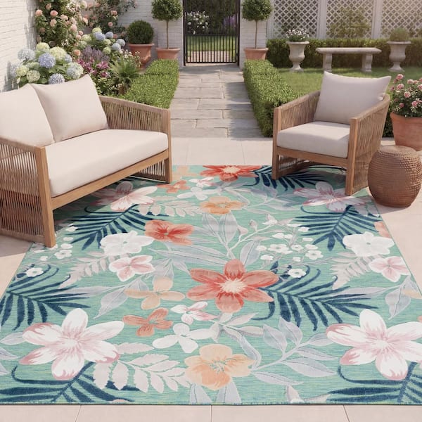 Cabana Green/Rust 8 ft. x 10 ft. Multi-Floral Striped Indoor/Outdoor Area Rug