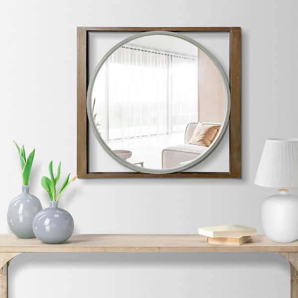 Unbranded Contemporary 29 in. W x 31 in. H Brown Rectangular Wooden Framed Mirror, Wall Decor for Entryway, Living Room, Hallway