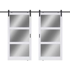 84 in. x 84 in. 3-Lite Mirrored Glass White Finished Solid Core MDF Barn Door Slab with Barn Door Hardware Kit