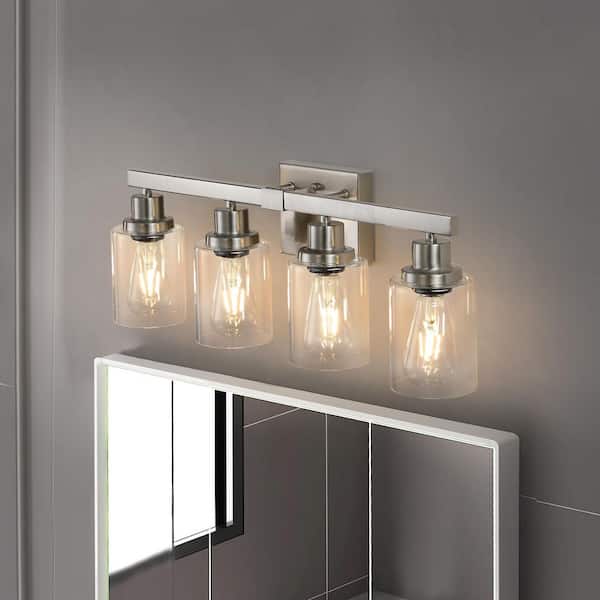 24 in. 4 Light Brushed Nickel Finish Vanity Light Fixture Bathroom Over Mirror Wall Lights with Clear Glass Shade