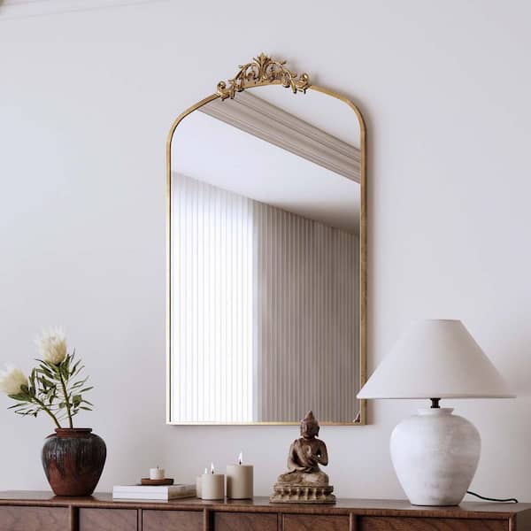 Unbranded Antique Bronze 24 in. W x 43 in. H Vintage Ornate Arched Wall Mirror Metal Framed Vanity Mirror Dressing Mirror