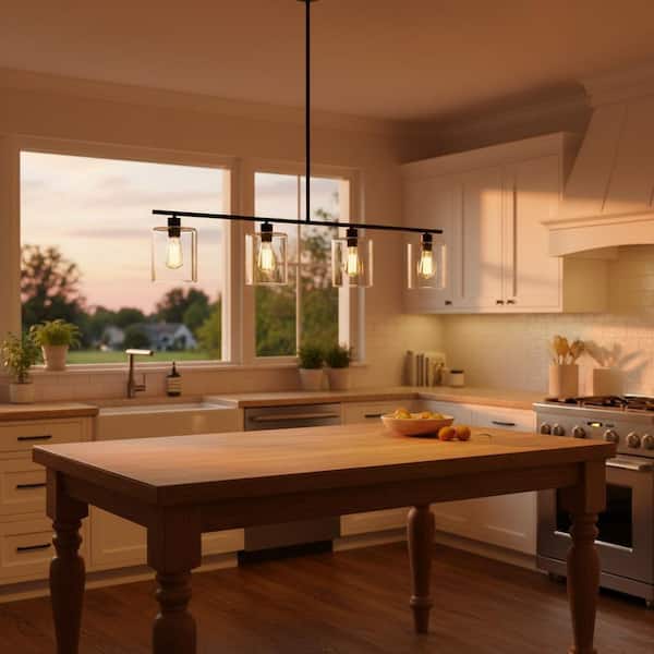 4-Light Matte Black Modern Island Pendant Light Fixtures, Linear Chandelier Hanging Light with Clear Glass Shade