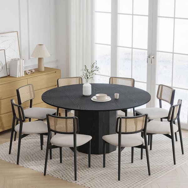 Dovelina 60 in. Natural Oak Wood Black Color Column Pedestal Round Kitchen Table Dining Table Seats 6