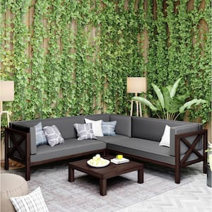 Outdoor Dark Brown 4-Piece Wood Patio Conversation Seating Set with Gray Cushions