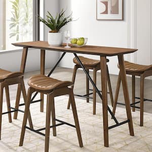 Silin Mid-Century Modern Walnut Wood Top 59 in. Trestle Base Counter Height Dining Table with Iron Cross Bar (Seats 4)