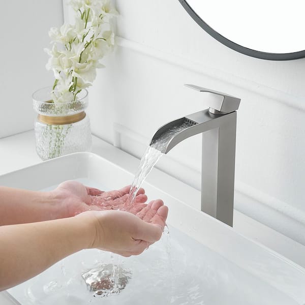 Waterfall Single Hole Single Handle Bathroom Vessel Sink Faucet With Drain Assembly in Brushed Nickel