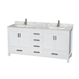 Sheffield 72 in. Double Vanity in White with Marble Vanity Top in Carrara White