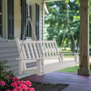 4 ft. Outdoor Wooden Patio Porch Swing with Chains and Curved Bench, White