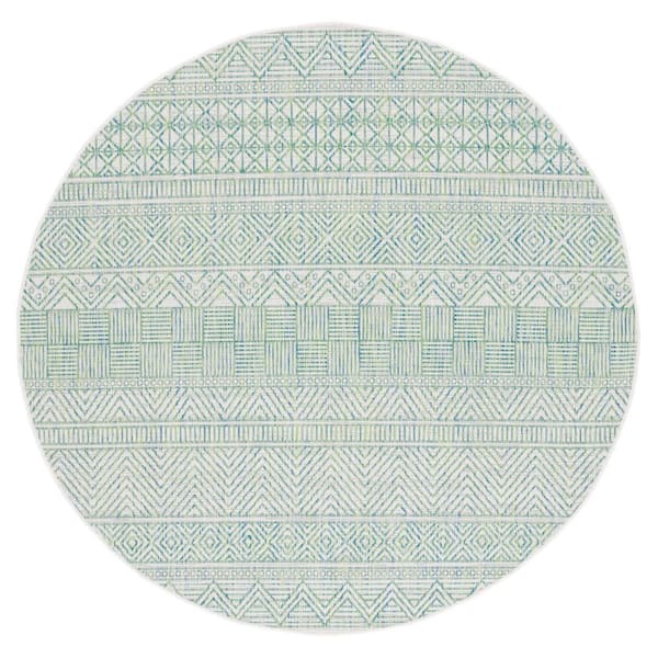 Courtyard Beige/Green 7 ft. x 7 ft. Striped Tribal Chevron Indoor/Outdoor Round Area Rug