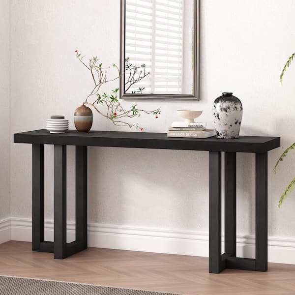 Harper & Bright Designs 63 in. Black Rectangle Pine Wood Veneer and MDF Console Table with Geometrically Designed Solid Wood Legs