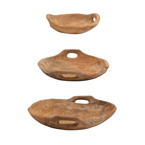 Storied Home 15.75 in. 54 fl. oz. Natural Brown Teak Wood Serving Bowls with Handles (Set of 3)