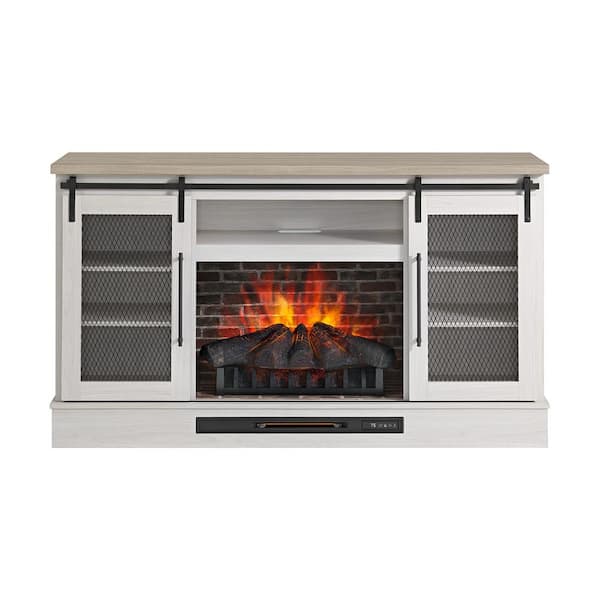 Bramble 63 in. Freestanding Electric Fireplace TV Stand w/ Sliding Mesh Barn Door in White w/ Washed Blonde Walnut Top