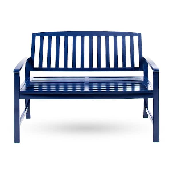 maocao hoom Farmhouse Style 2-Person High-Quality Durable Solid Acacia Wood Outdoor Bench with Back, Stable and Sturdy in Blue