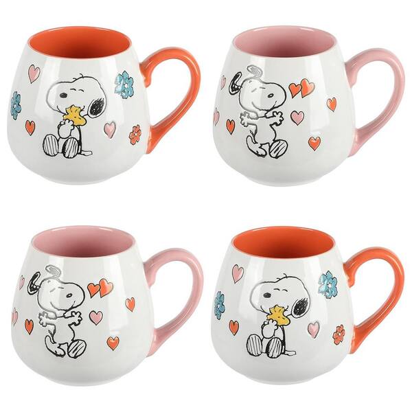 Peanuts 20 oz. Orange and Pink Mothers Baby Stoneware Belly Mug Set (4-Piece)
