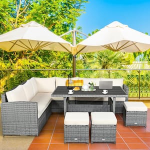 7-Piece Wicker Outdoor Sectional Set with Beige Cushions and Dining Table