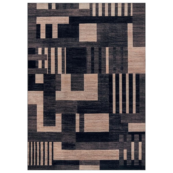 Color Block Black Machine Washable Non-Slip Backing Area Rug 5' x 7' Black