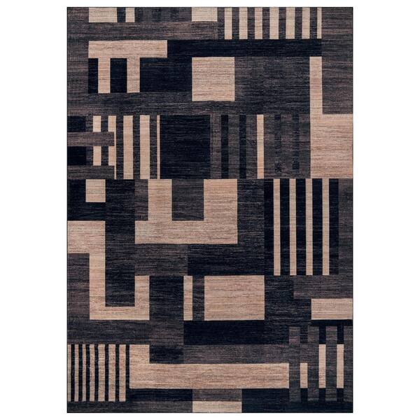 Color Block Black Machine Washable Non-Slip Backing Area Rug 6' x 9' Black