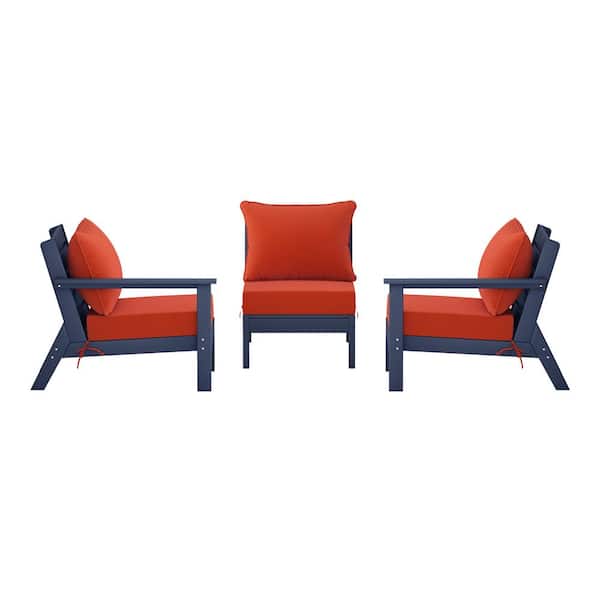 Birchwood Navy Blue Arrangeable 3-PC HDPE Deep Seating Outdoor Patio Conversation Sofa Armchair Set w/Orange Cushions