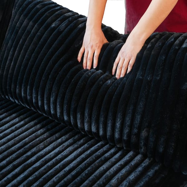 118 in. Modular Black Plush Velvet Cal King Size 5-Seat Convertible Sleeper Sofa Bed with Ottoman and Washable Covers