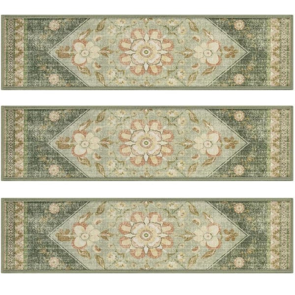Sage Green 8 in. x 30 in. Polyester Boho Stair Tread Cover Non Slip Machine Washable (Set of 15)