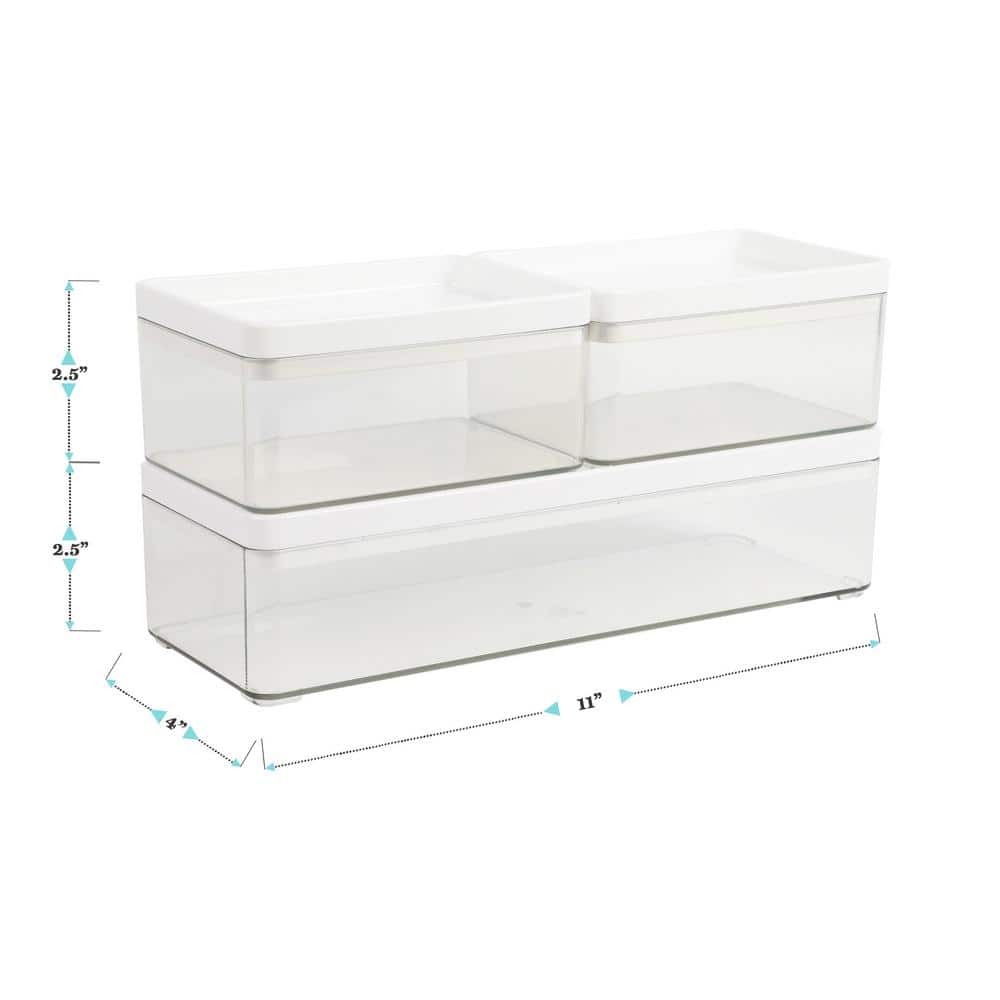 Clear Stackable Plastic Storage Boxes with White Lids, Set of 3