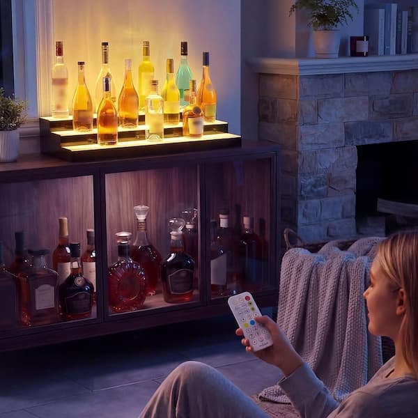 6 in. H x 12 in. W 21-30 Bottle Black and White Acrylic Liquor Bottle Display with LED Lights, Remote and App Control