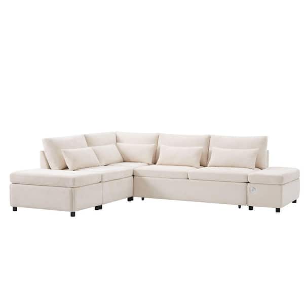Luxury Collection 107 in. Chenille Light Khaki Twin Size Modular Sofa Bed with Storage Ottoman and Charging Station