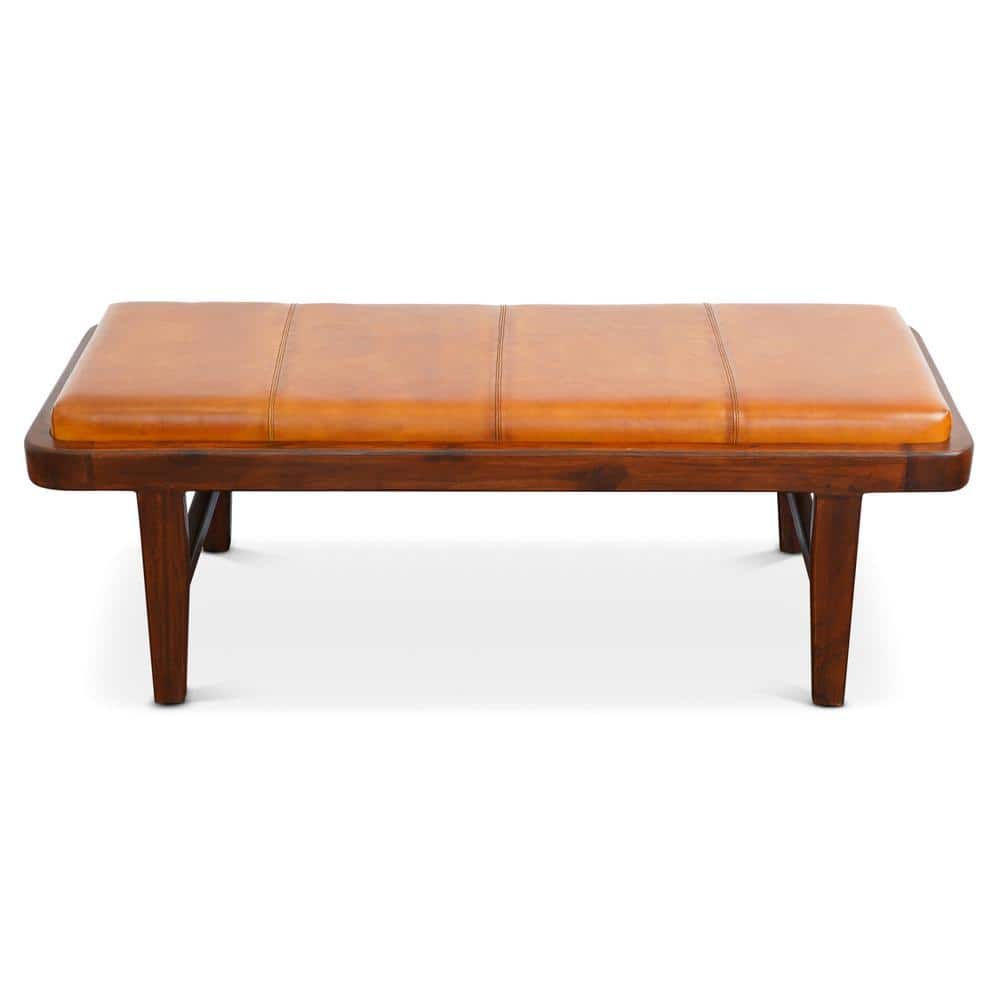 Tan Genuine Leather Teak Wood Mid-Century Modern Bench