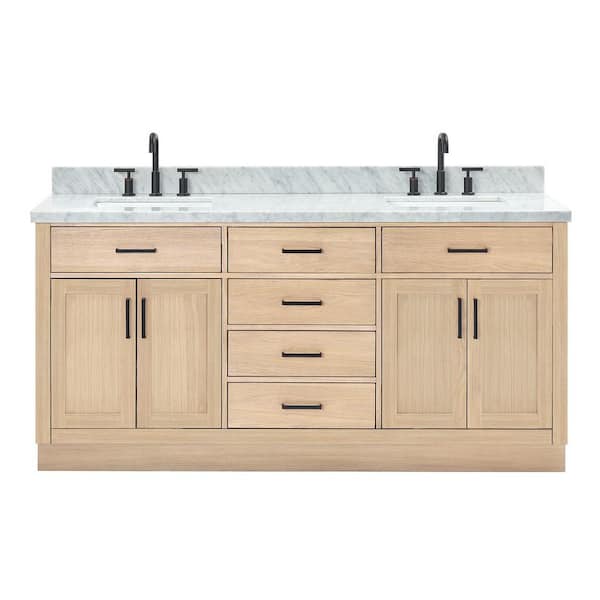 Hepburn 72 in. Double Sink Freestanding Bathroom Vanity in Oak with Carrara White Marble Top