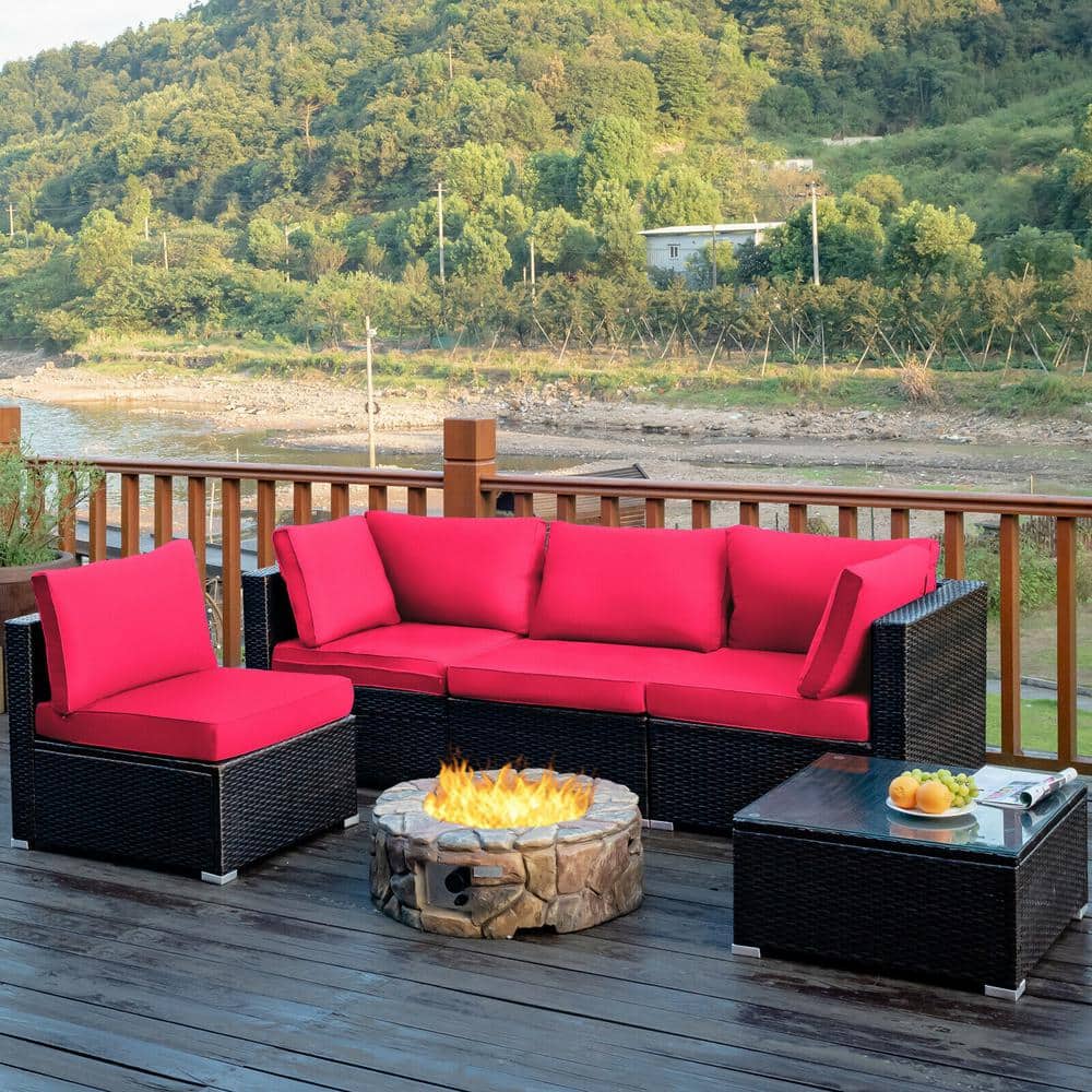 5-Piece Red Cushioned Rattan Patio Furniture Set with Ottoman
